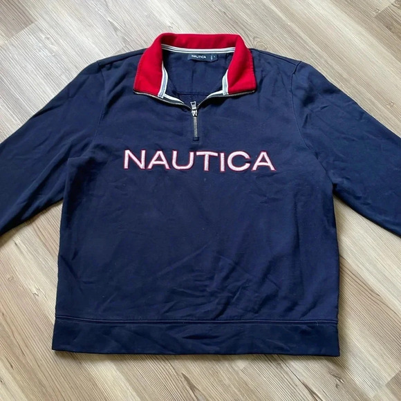 Nautica quarter zip logo sweatshirt Navy w/ red & white stitching Mens size L - Picture 2 of 11